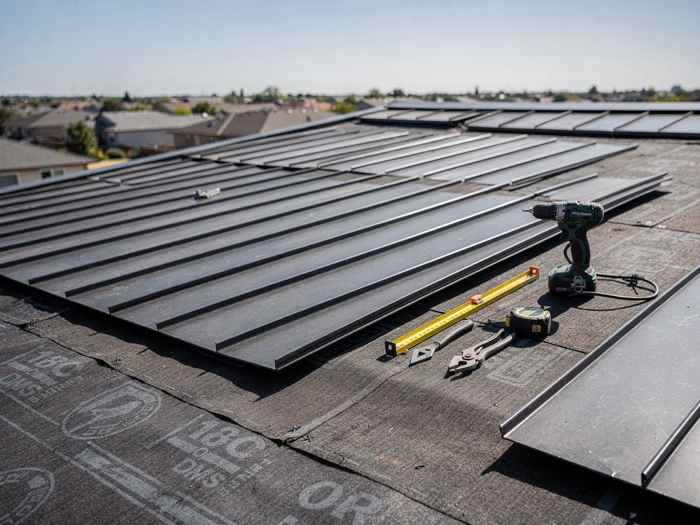 Roofing crew installing a metal roof in Pasadena, TX